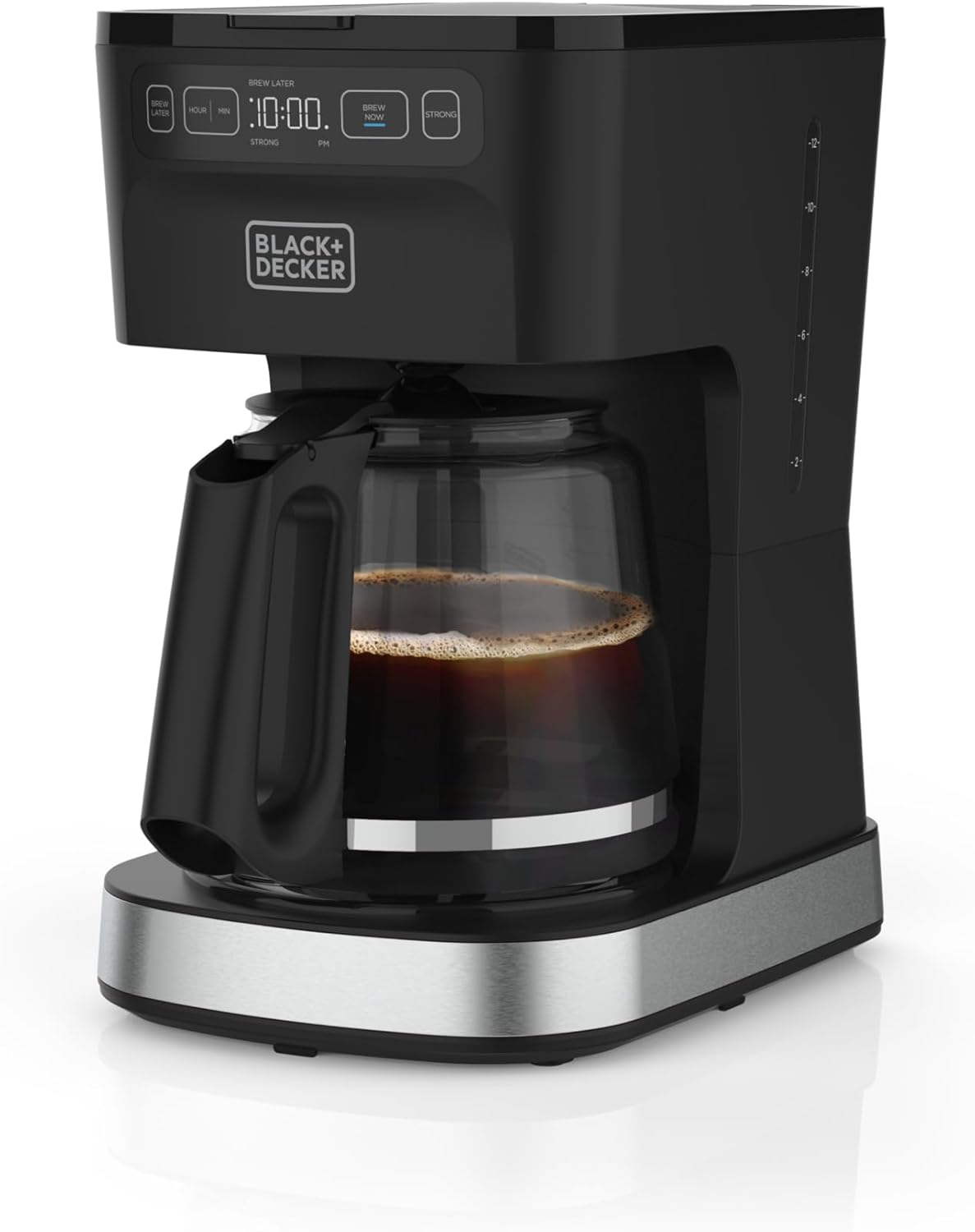 BLACK+DECKER CAFÉCRAFT CM0322-0SD programmable 12-cup glass-carafe brewer with a digital control panel and stainless-finish accent base. Photo/render status is not stated.