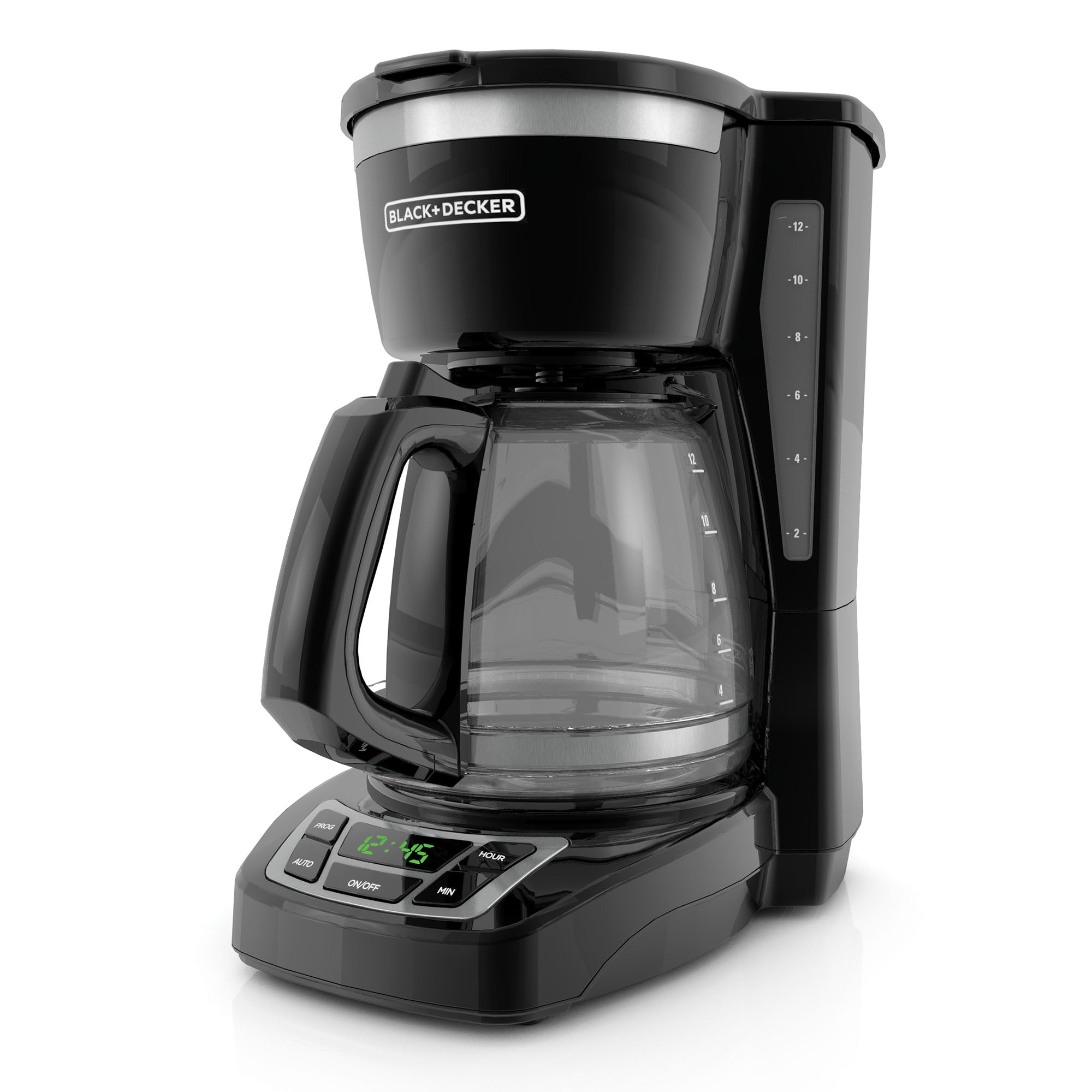 BLACK+DECKER CM1160B-1 black 12-cup glass-carafe programmable coffeemaker with a digital display and water-level marks. Photo/render status is not stated.