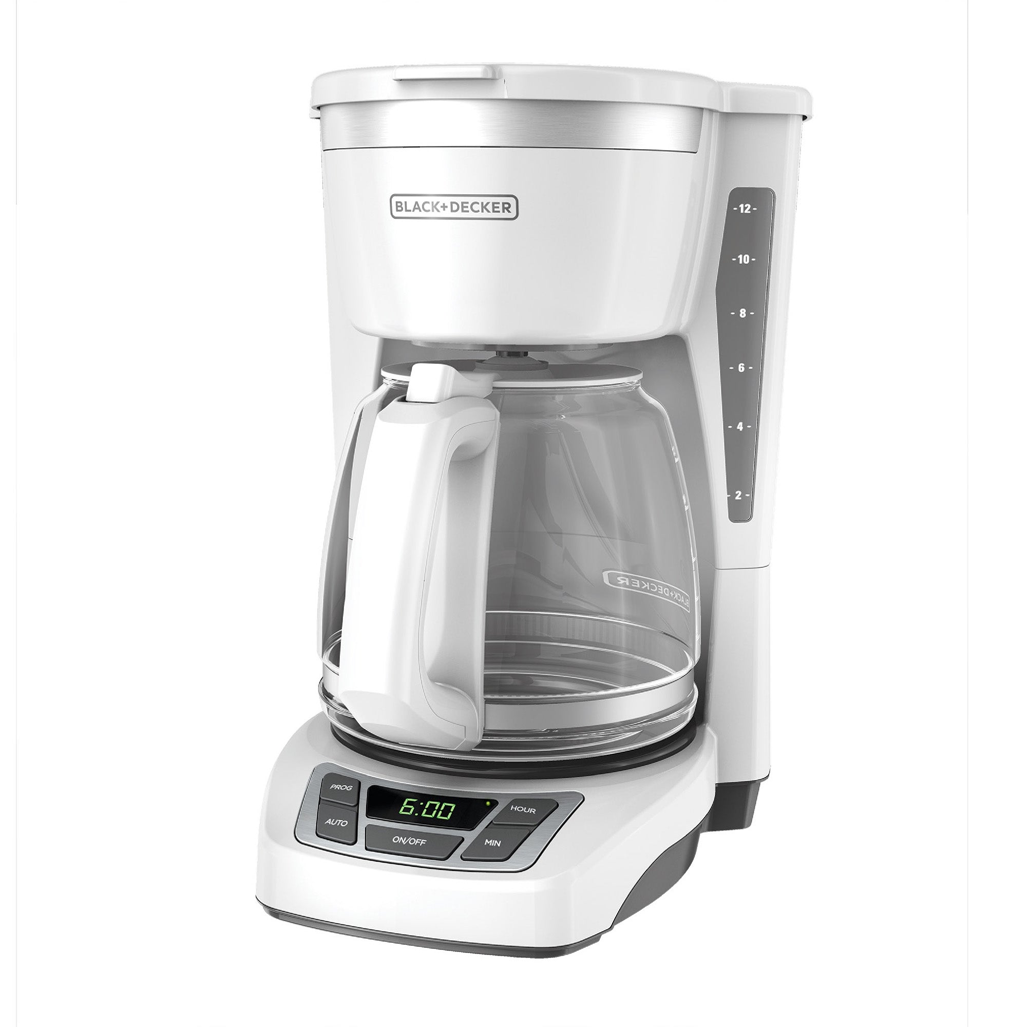 BLACK+DECKER CM1160W-1 white 12-cup glass-carafe programmable coffeemaker with digital controls. Photo/render status is not stated.