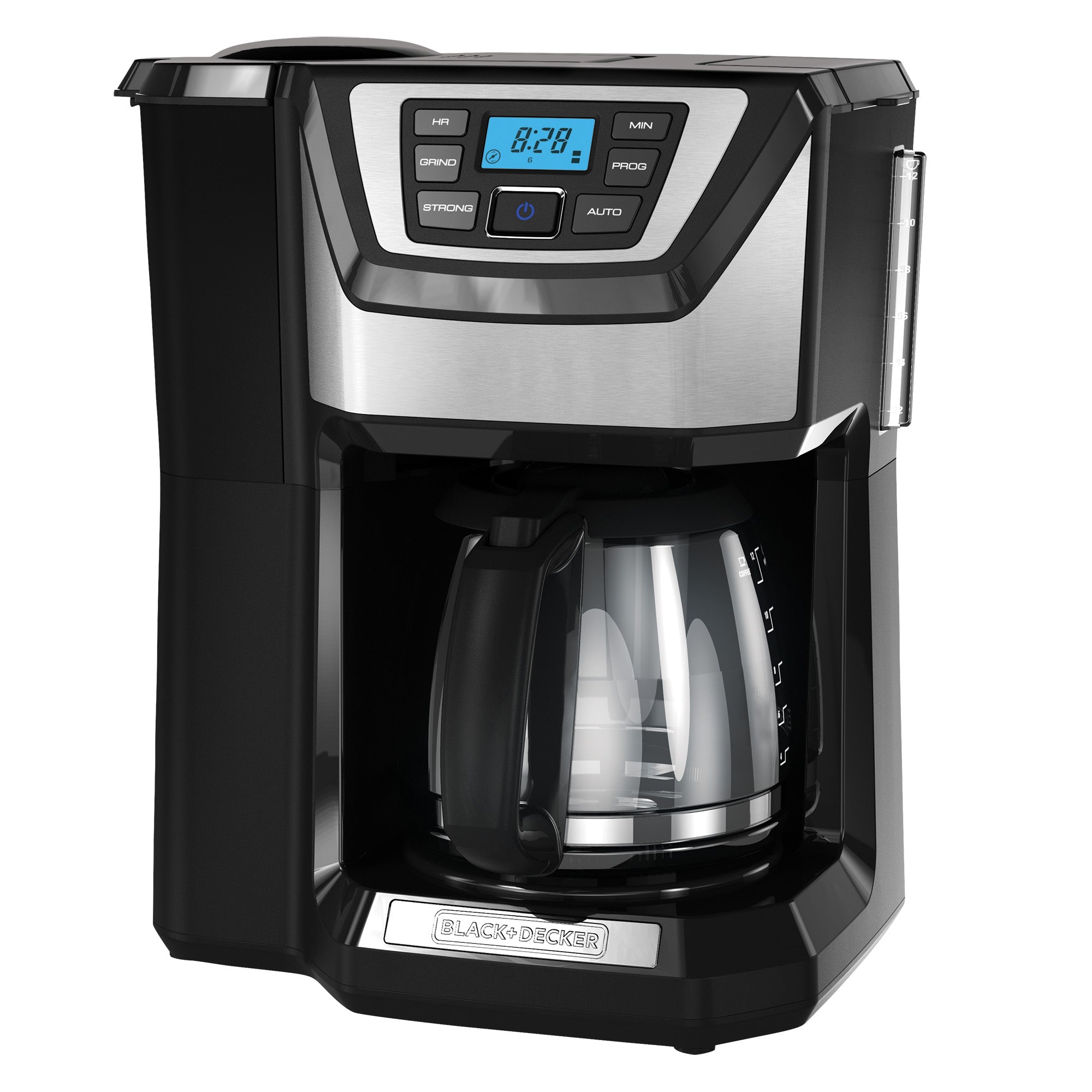 BLACK+DECKER CM5000B black 12-cup programmable coffeemaker with digital controls, glass carafe, and an integrated grinder/filter assembly as documented for this exact code. Photo/render status is not stated.