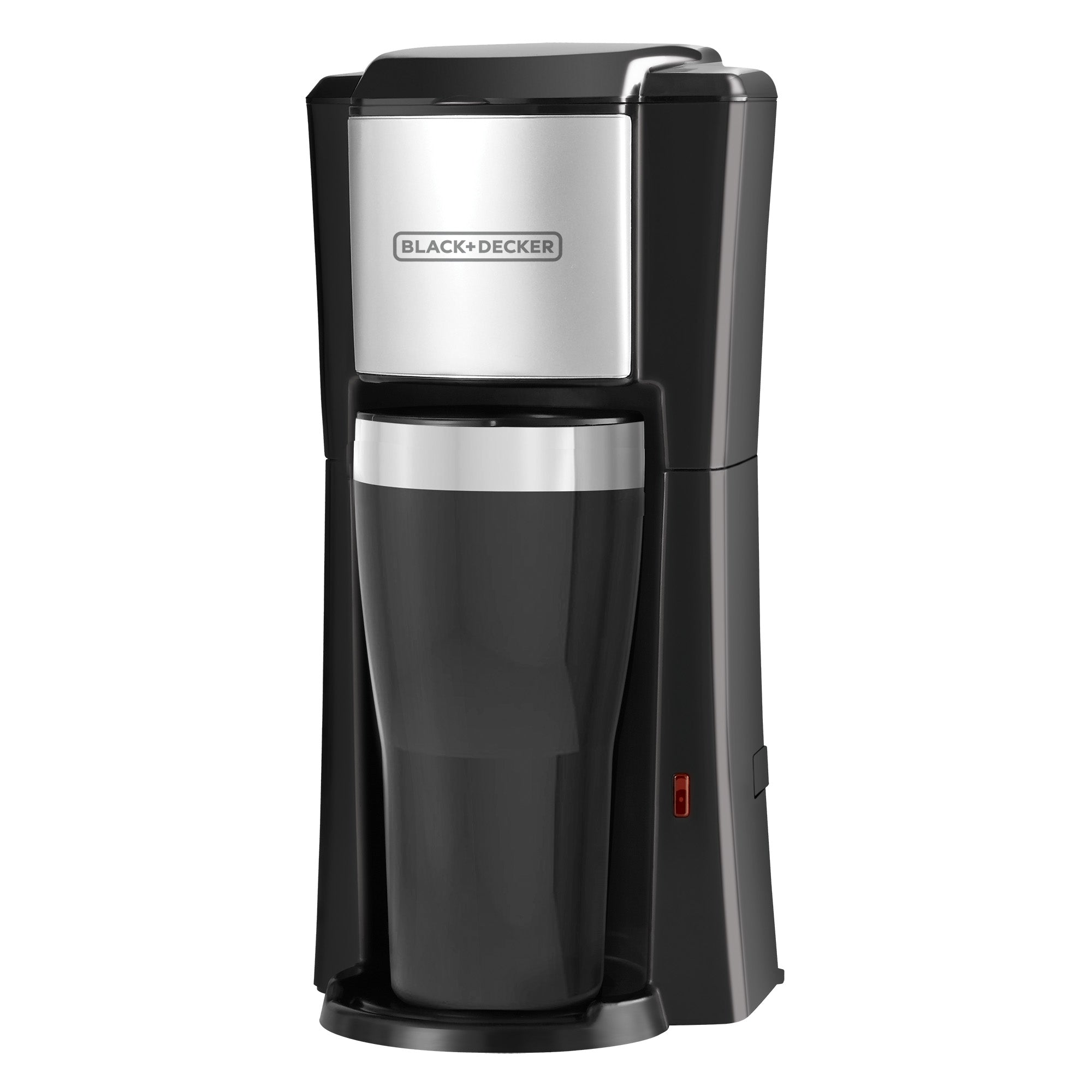 BLACK+DECKER CM618 single-serve coffee maker with its included thermal travel mug