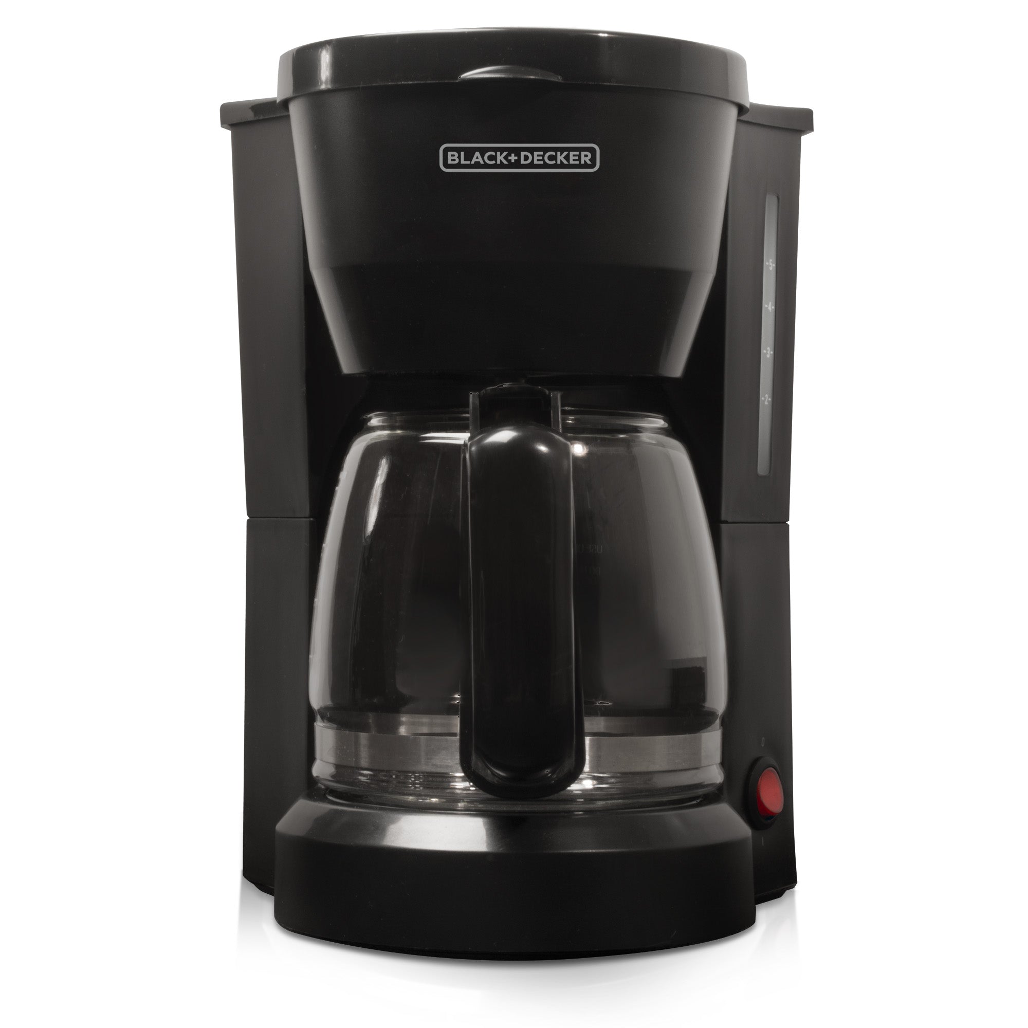 BLACK+DECKER DCM600B compact black 5-cup glass-carafe brewer with a mechanical on/off switch and water-level markings. Photo/render status is not stated.