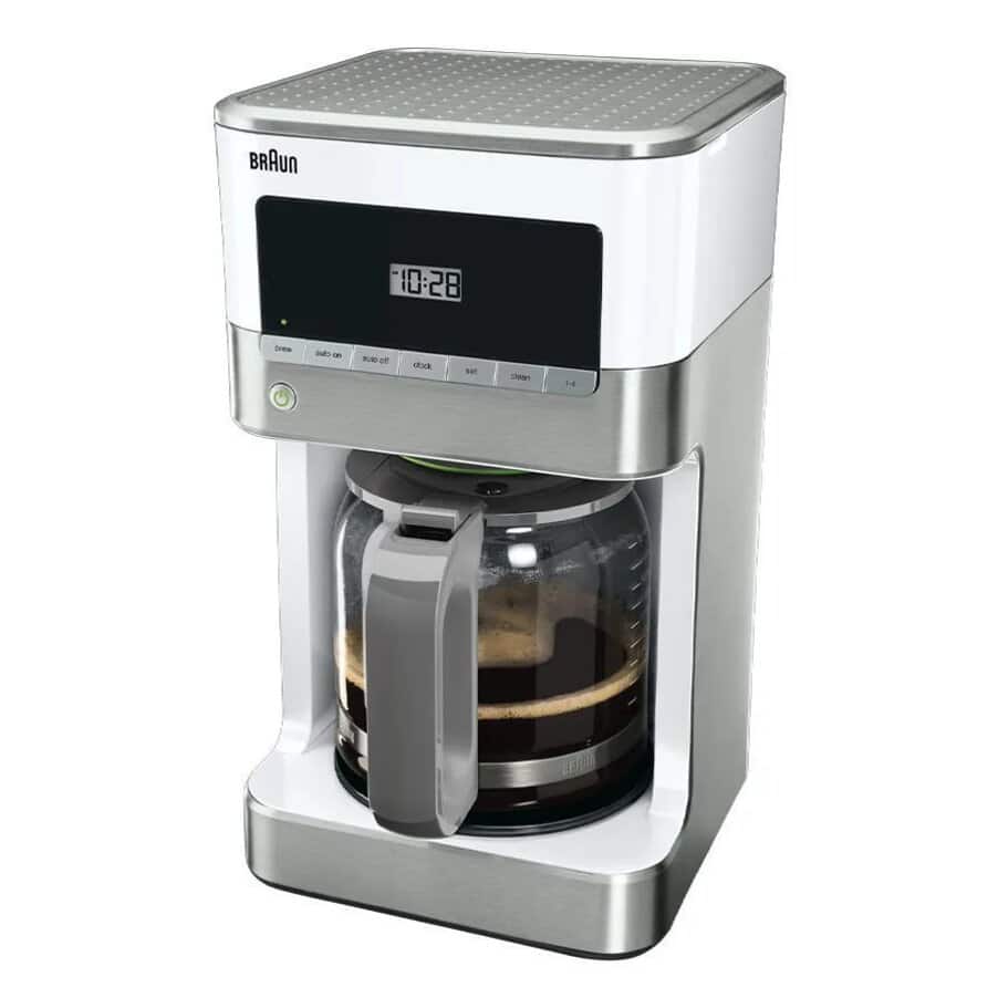 Braun BrewSense Drip coffee maker KF 6050 WH (3107-KF6050WH), stainless-finish and white housing with black display and glass carafe; photo/render status unknown.