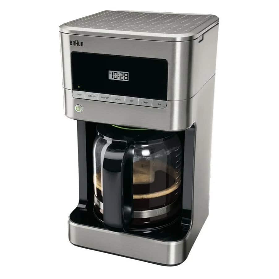 Braun BrewSense 12-Cup Drip Coffee Maker KF7070SI, silver body with a digital control panel and glass carafe