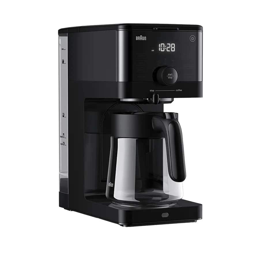 Braun OptiBrew KF9500BK black pod-free drip coffee maker with glass carafe; photo/render status unknown.
