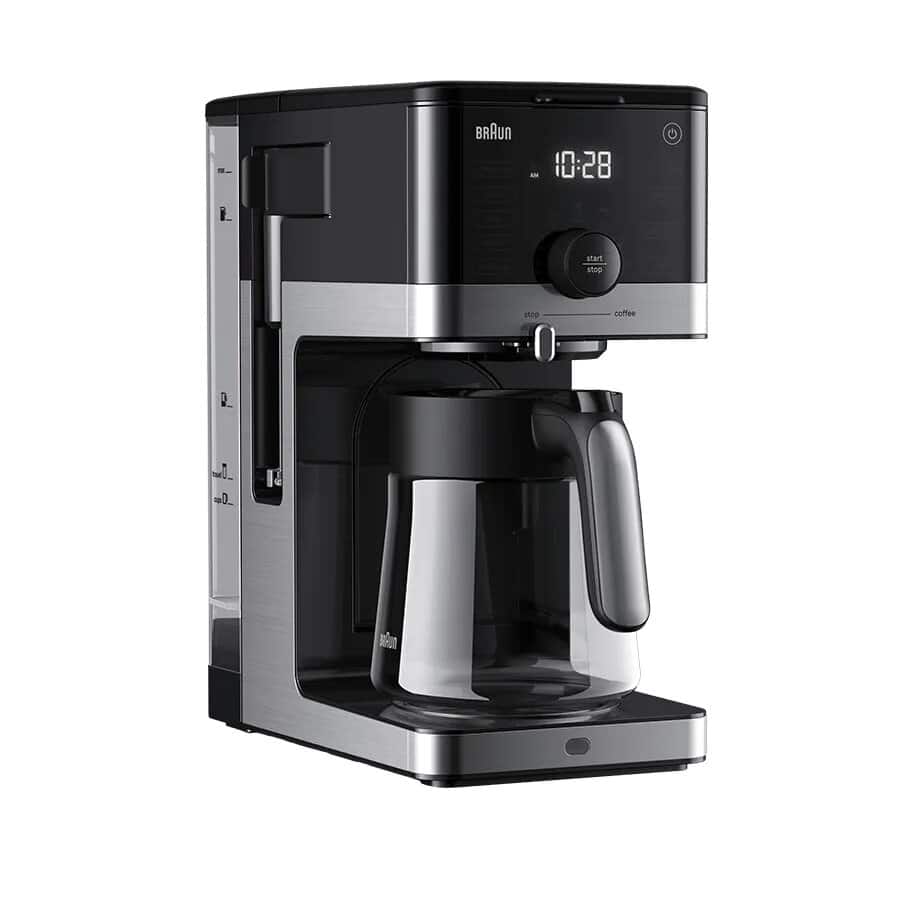 Braun OptiBrew Pro KF9650SI silver-and-black pod-free drip coffee maker with glass carafe; manufacturer image, photo/render status unknown.