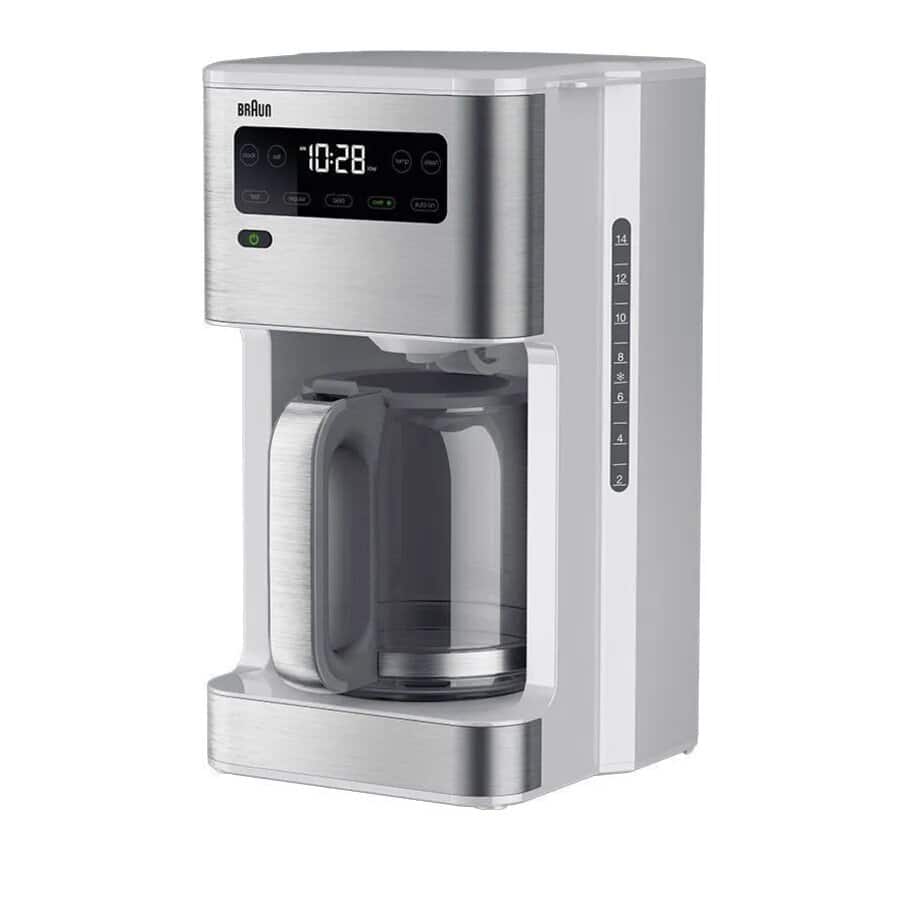 Braun PureFlavor KF5650 white metal finish (KF5650WH), control panel and glass carafe; photo/render status unknown.