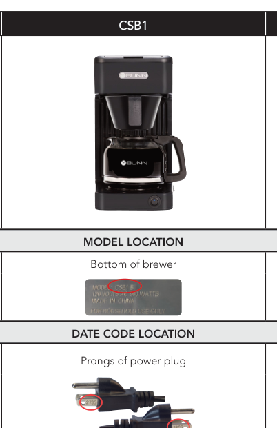 BUNN CSB1 brewer pictured in the manufacturer model-and-date-code guide; reference image, not a carton or variant guarantee
