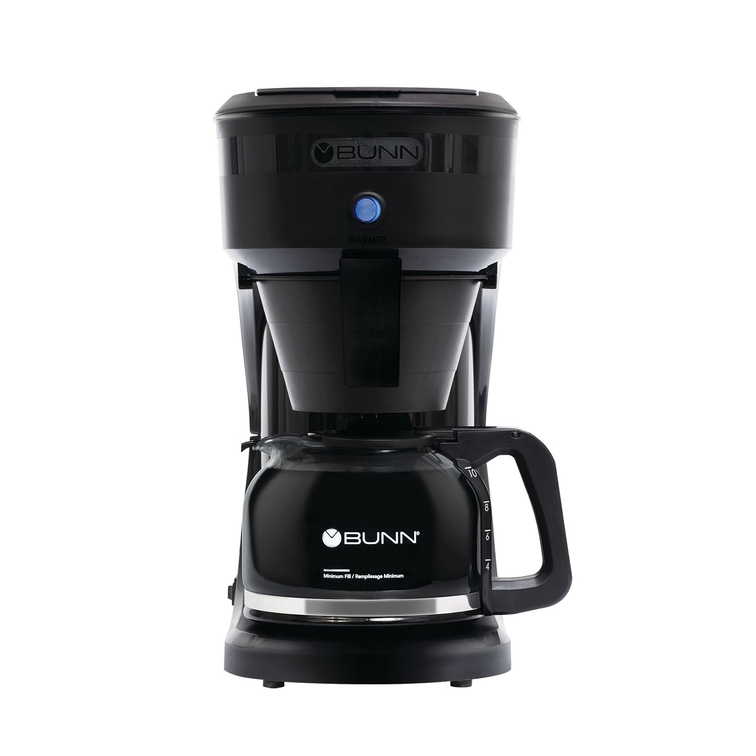 Black BUNN SBS Speed Brew Select 55800.0000 with its blue warmer switch and glass carafe