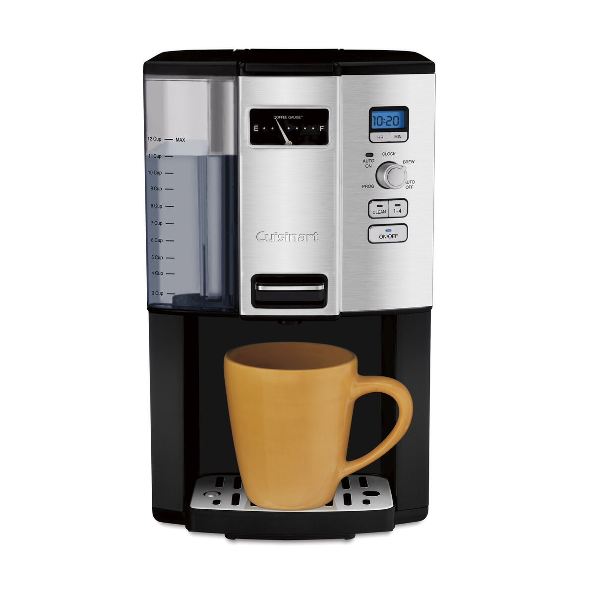 Cuisinart DCC-3000 Coffee on Demand brewer with front coffee gauge and lever, marked removable water tank, and cup on drip tray