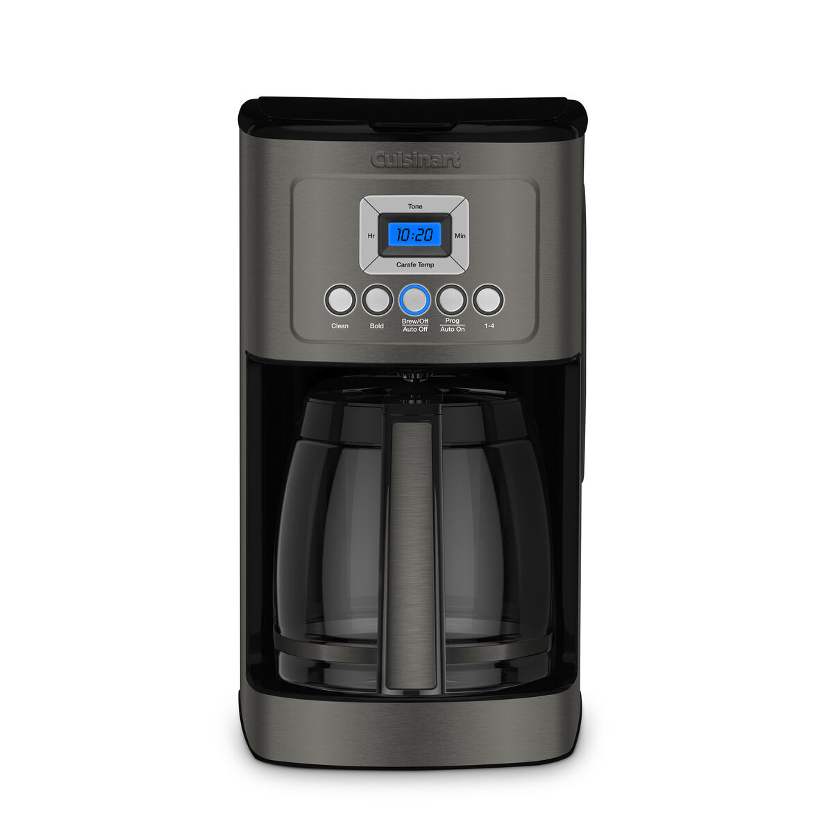 Black Cuisinart DCC-3200BKSNAS programmable coffee maker with a glass carafe