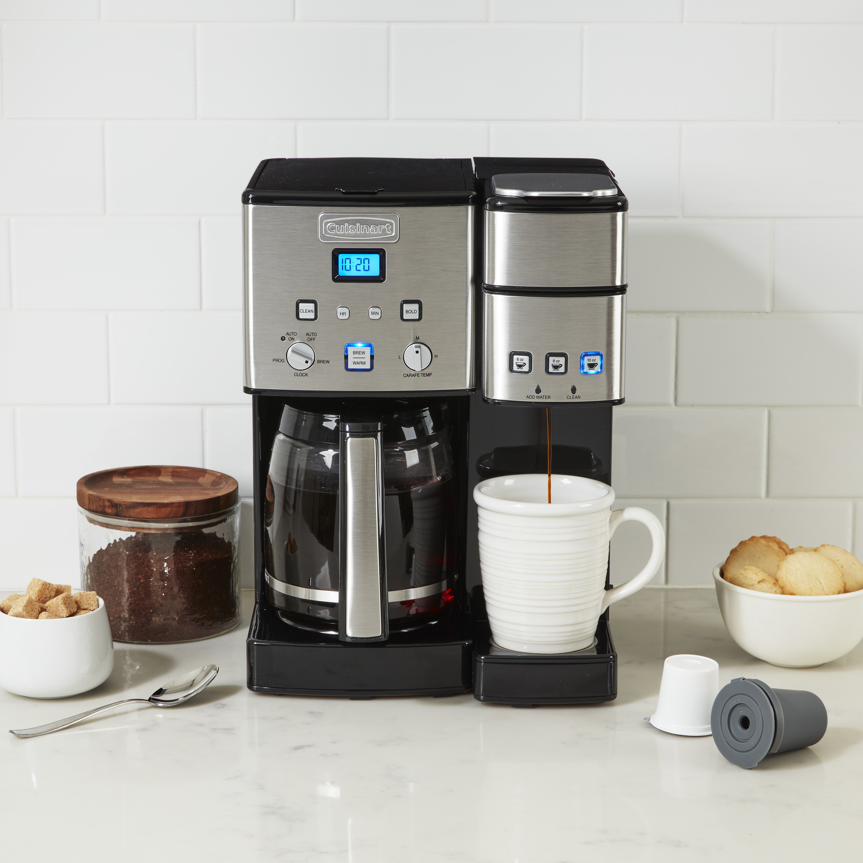 Cuisinart SS-15P1 Coffee Center in Stainless Steel P1 finish, showing its glass carafe and three single-serve buttons