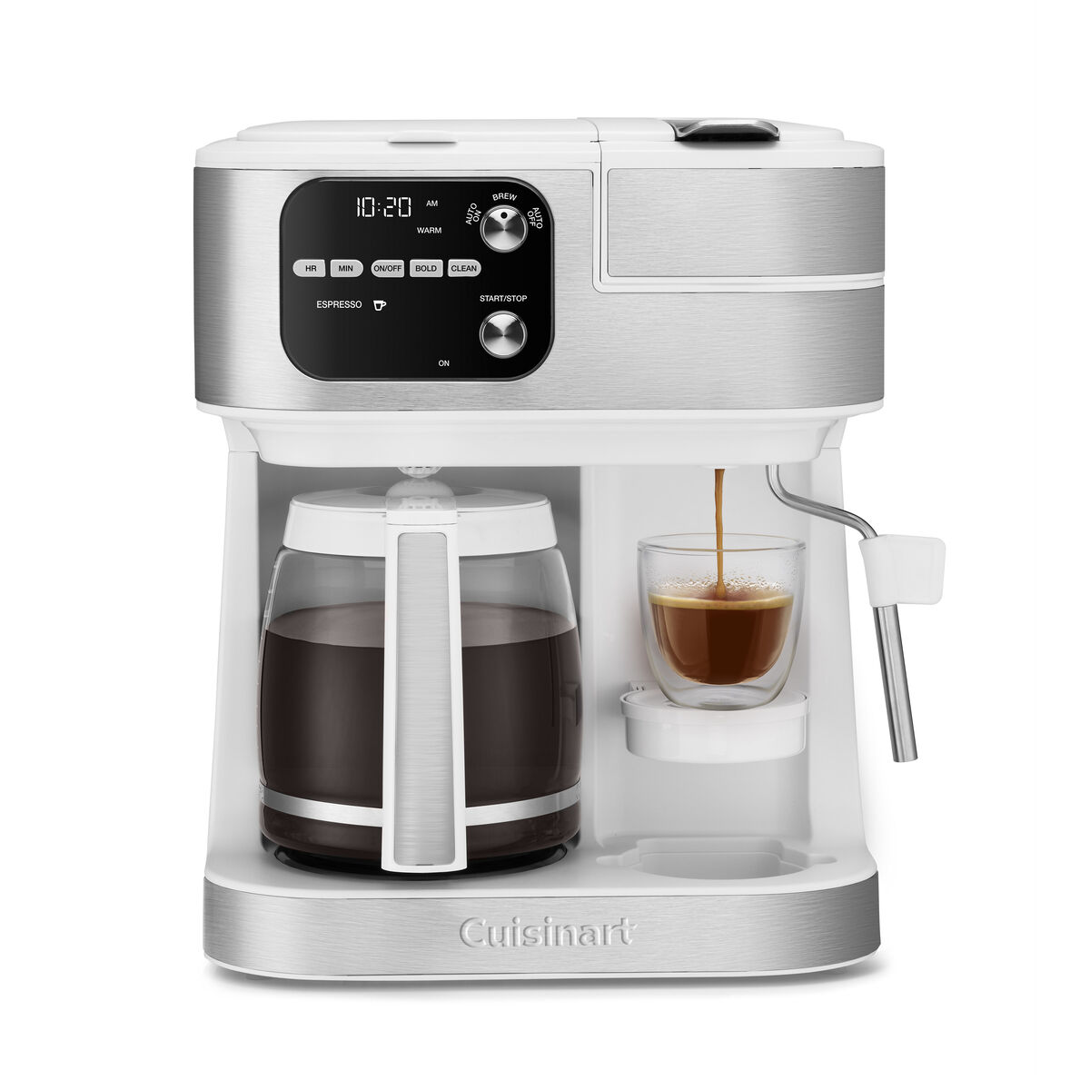 White Cuisinart Coffee Center Barista Bar model SS-4N1WNAS with glass carafe and manual wand