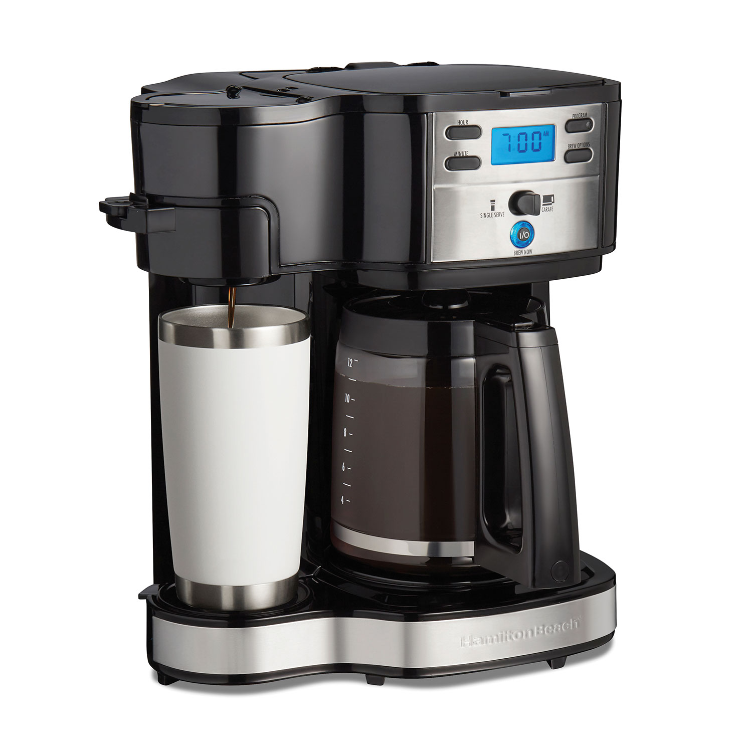 Hamilton Beach two-way programmable coffee maker model 47650FG in a black and stainless-accent finish