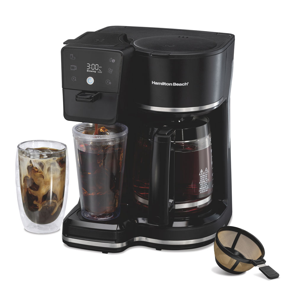 Hamilton Beach two-way programmable iced/hot coffee maker, exact model 47501J, with single-cup grounds side and glass carafe