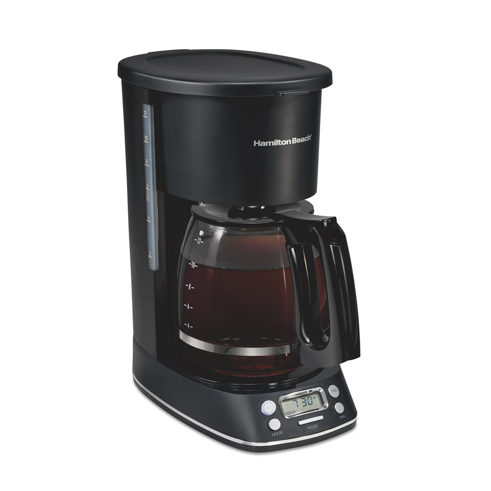 Hamilton Beach 43690J black coffee maker with glass carafe and chrome accents