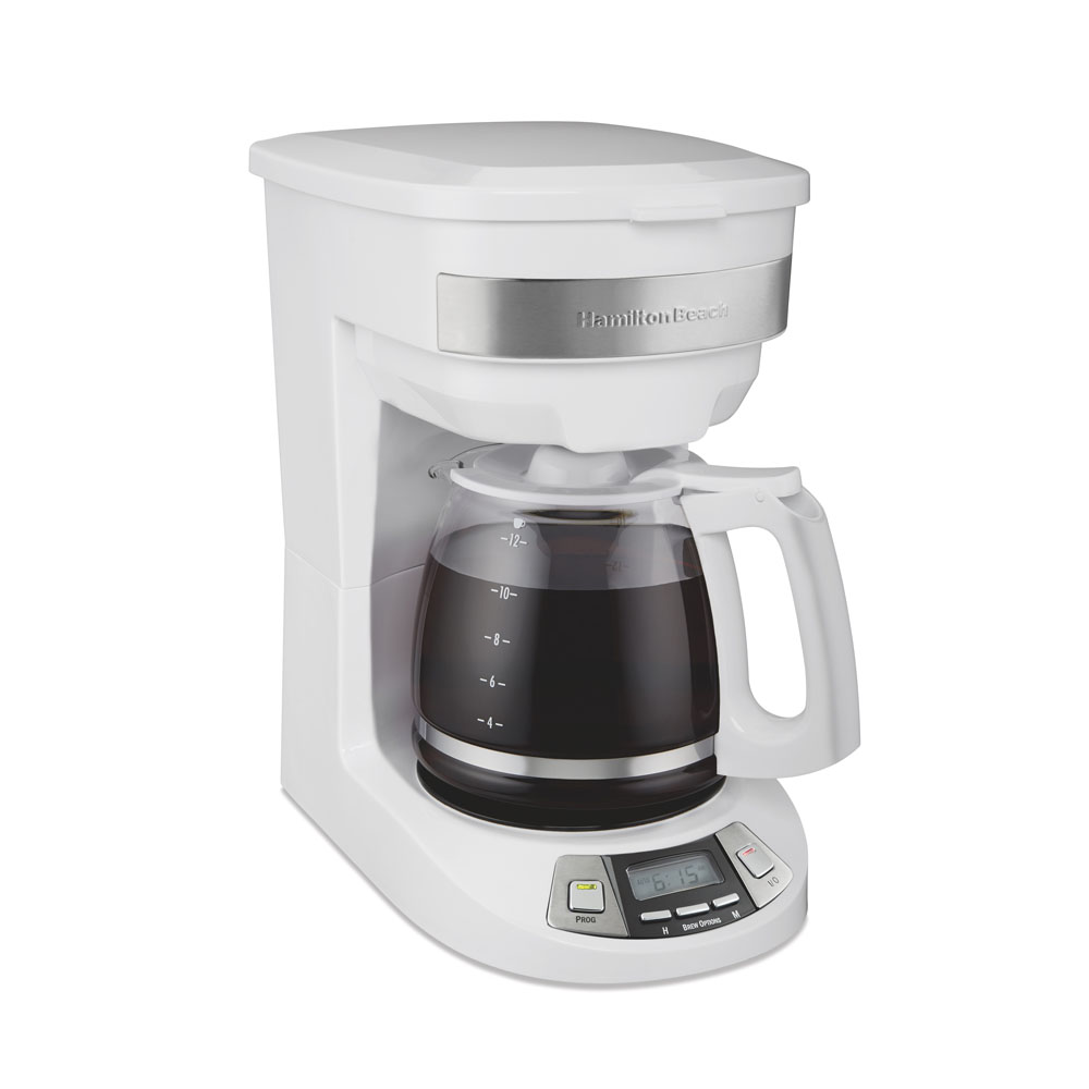 Hamilton Beach white programmable coffee maker with stainless accents and glass carafe, exact model 46294J
