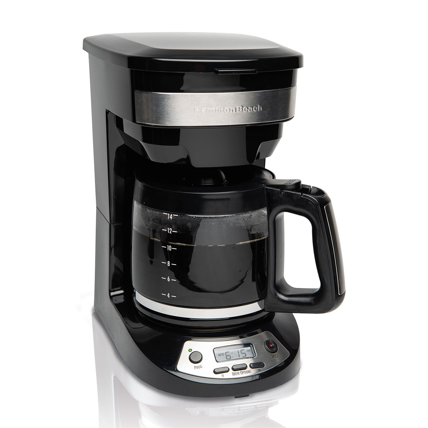 Hamilton Beach black and stainless programmable drip coffee maker with glass carafe, exact model 46295JC as shown on its U.S. product page
