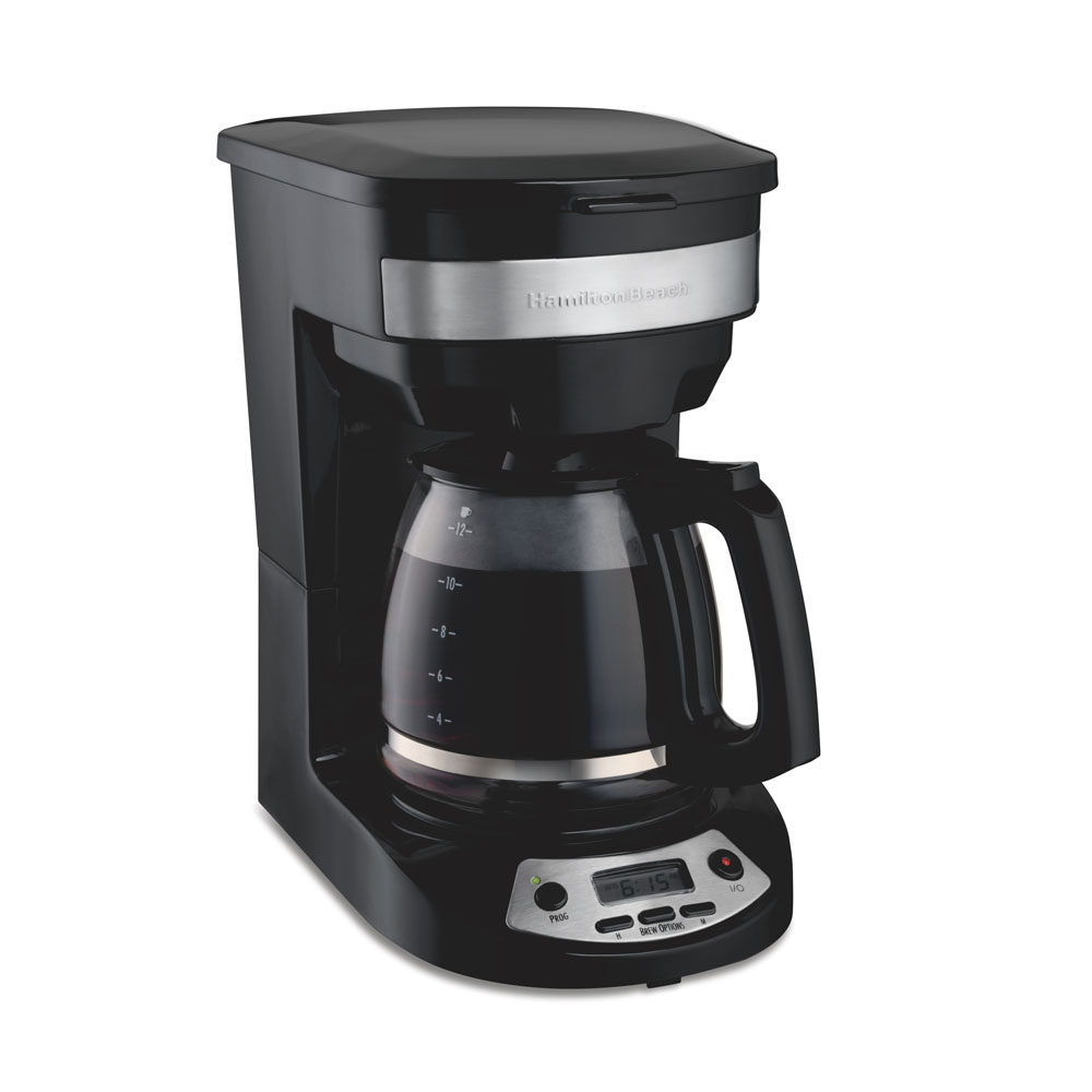 Hamilton Beach black programmable drip coffee maker with stainless-steel front accent and glass carafe, exact model 46299J