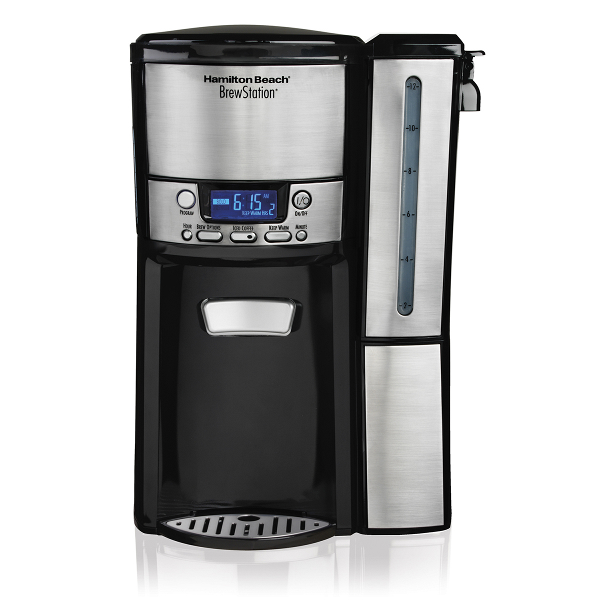 Hamilton Beach BrewStation model 47950 black-and-stainless batch coffee maker with side water reservoir and cup dispenser
