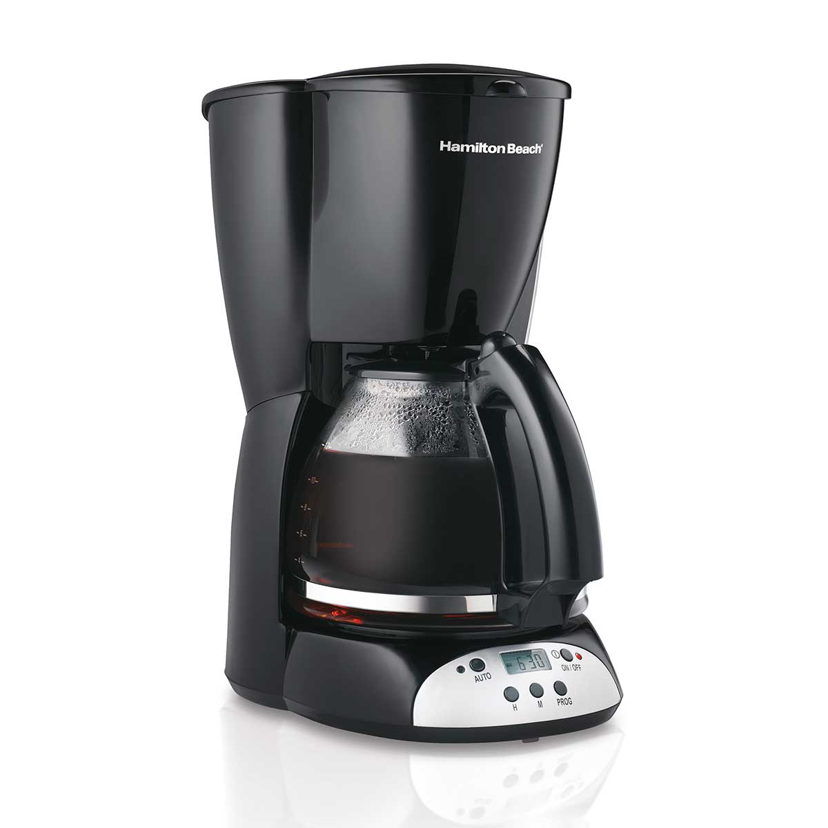 Hamilton Beach dark programmable drip coffee maker with glass carafe and warming plate, exact product page for model 49465RG