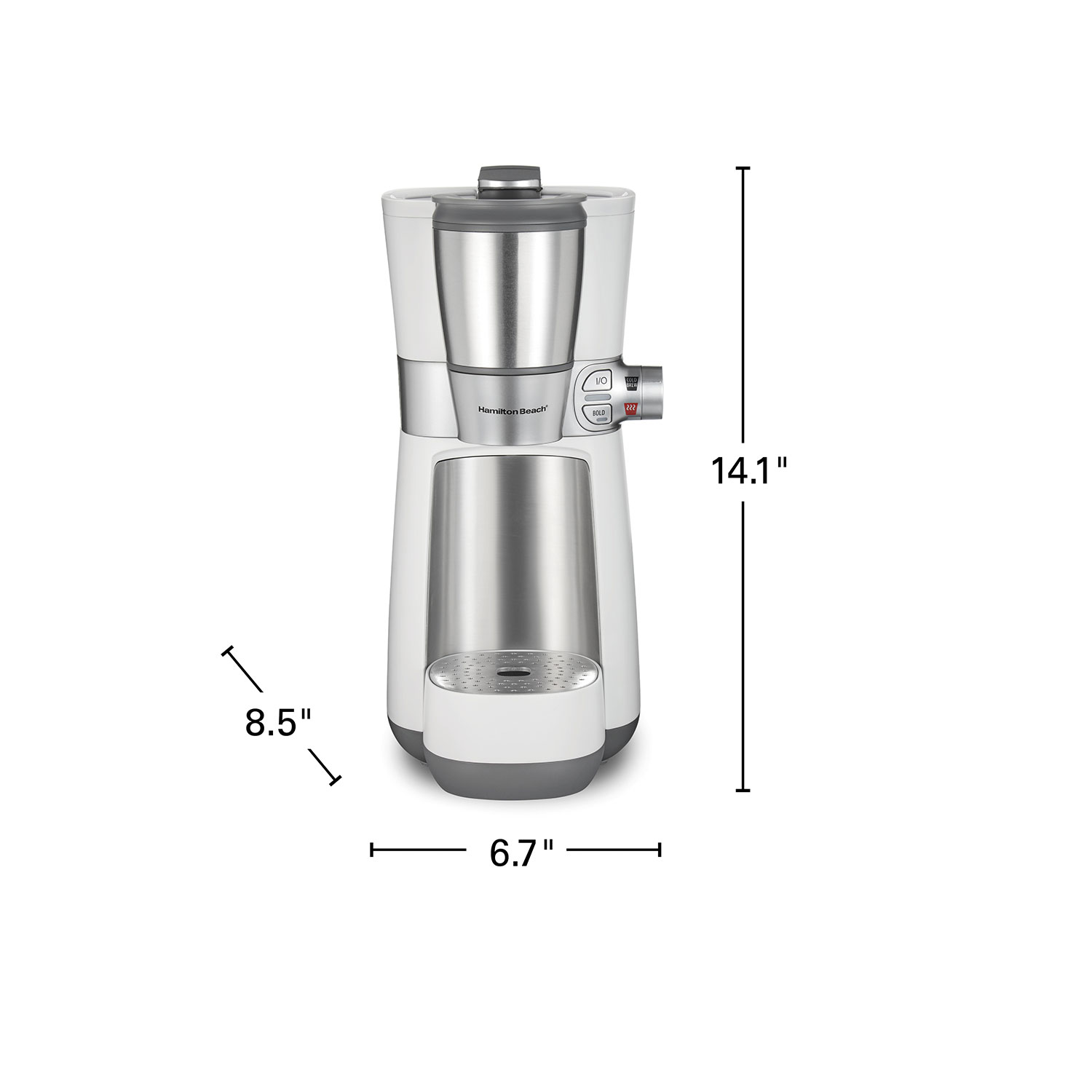 Hamilton Beach Convenient Craft maker exact current model 42500, white/light body, stainless-look center, dimensions shown