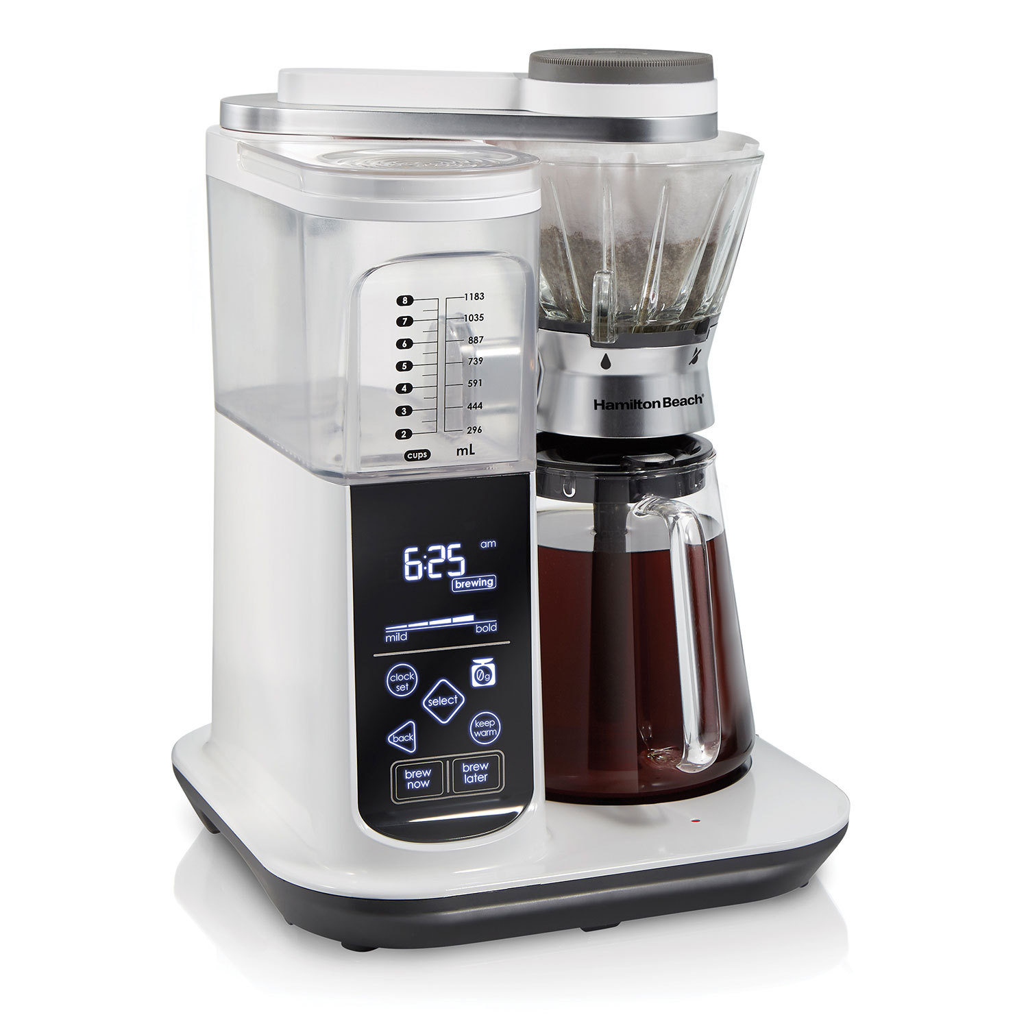Hamilton Beach Convenient Craft coffee maker model 46700 with white brewer, grounds-scale basket and glass carafe