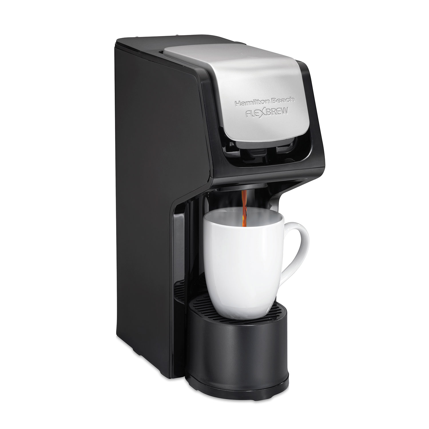 Hamilton Beach FlexBrew single-serve coffee maker, exact model 49900, shown with a cup beneath the brewer