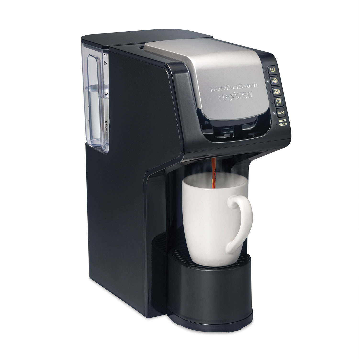 Hamilton Beach FlexBrew model 49901, also linked by the exact model 49901G page, shown with removable reservoir and front size/Bold controls; staged mug is not an included-item claim.