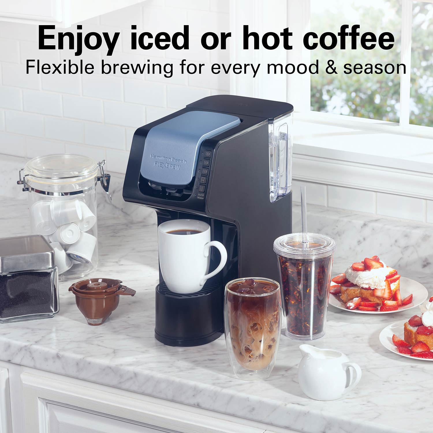 Hamilton Beach FlexBrew model 49921 shown with its iced and hot control, removable reservoir, and staged cups.