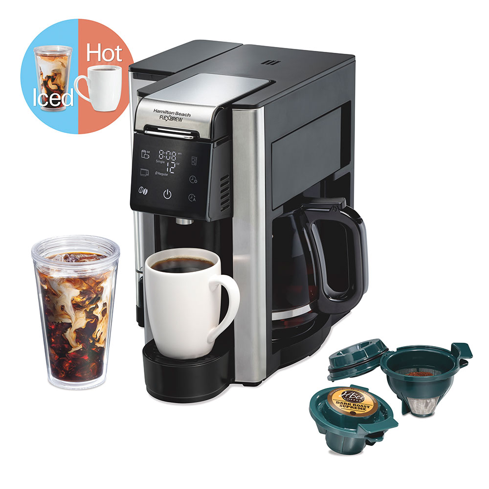 Hamilton Beach FlexBrew Advanced 5-in-1 Coffee Maker, exact earlier model 49924, shown with a glass carafe and single-cup pieces