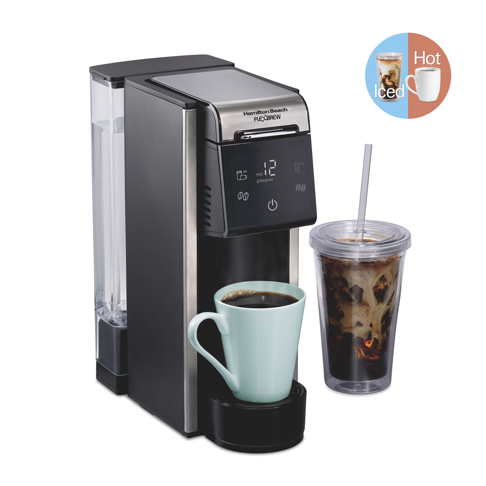 Hamilton Beach FlexBrew Advanced 4-in-1 model 49925, with its removable side reservoir and hot/iced control panel.