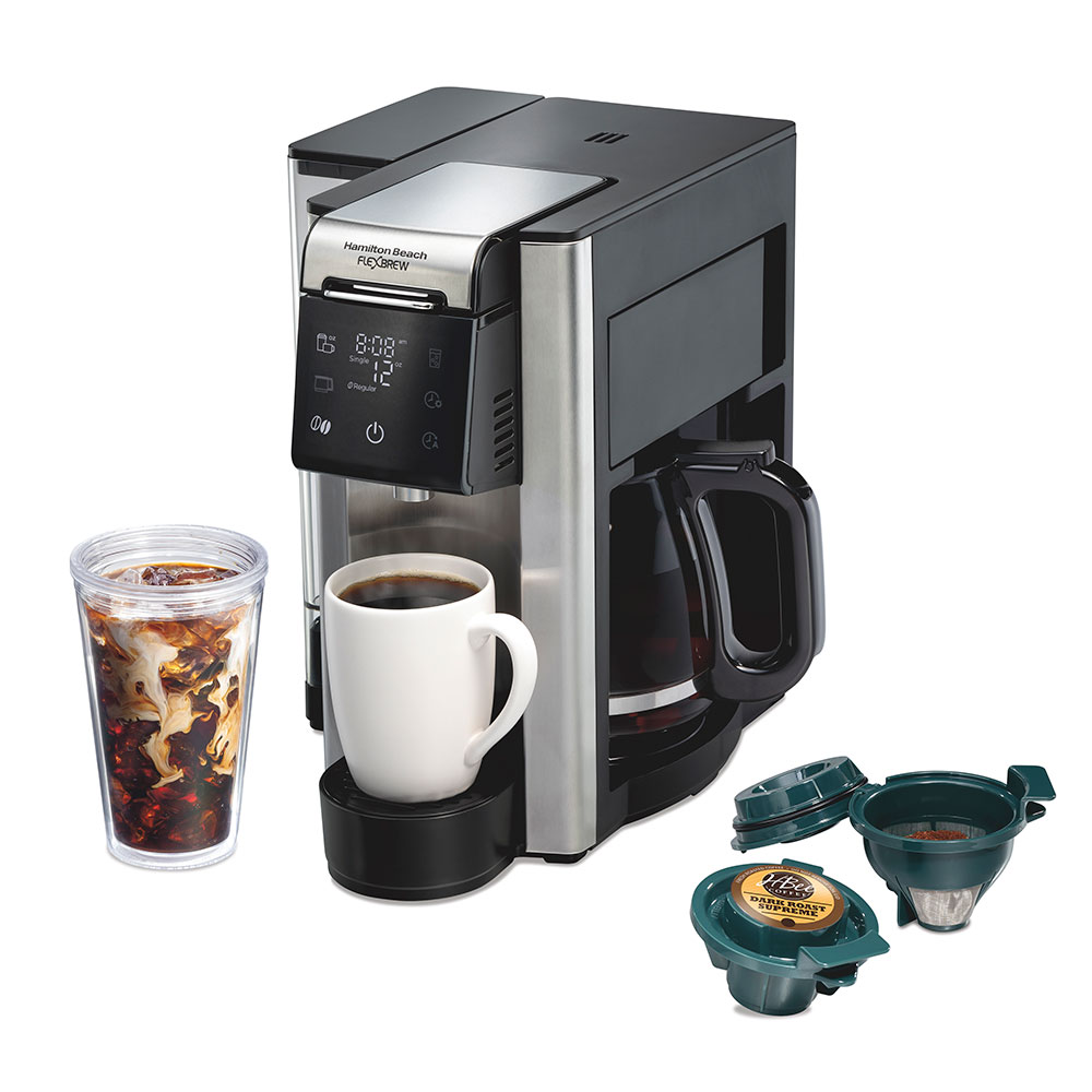 Hamilton Beach FlexBrew Advanced 5-in-1 Coffee Maker, exact model 49927, shown with its glass carafe