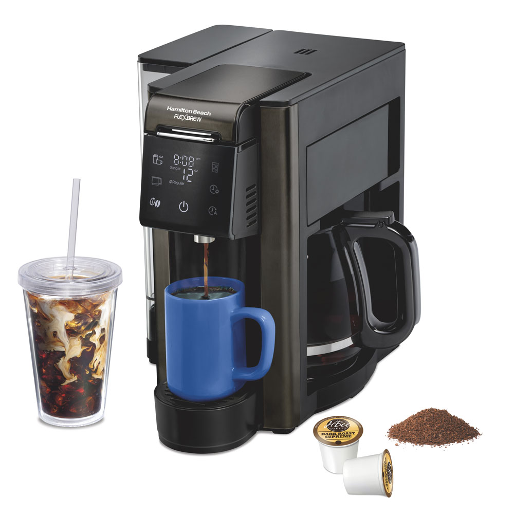 Hamilton Beach FlexBrew Advanced 5-in-1 Coffee Maker model 49935, with its glass carafe and single-cup brewer visible.