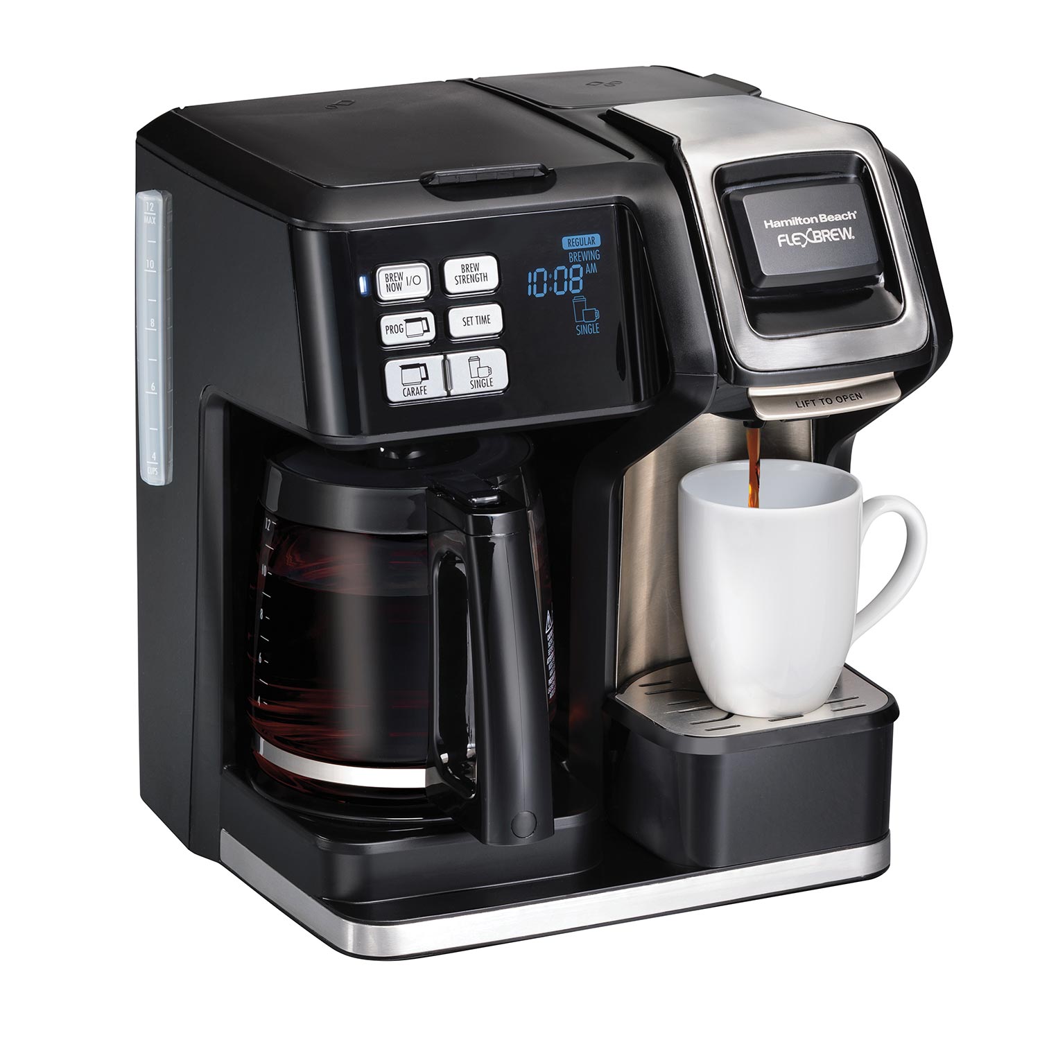 Hamilton Beach FlexBrew Trio model 49957 showing its glass-carafe brewer and separate single-serve pod/grounds side.