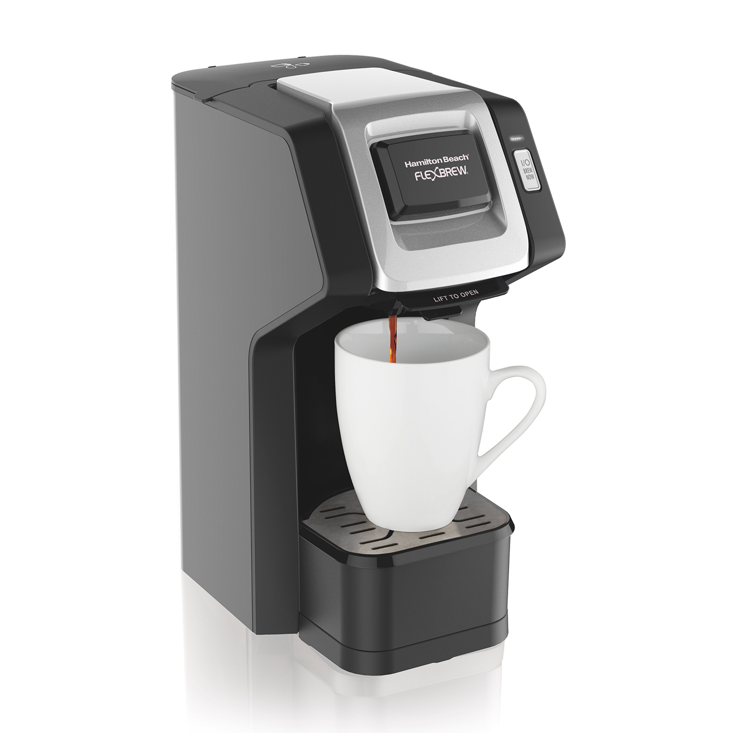 Hamilton Beach FlexBrew 49974 Black & Silver single-serve coffee maker; manufacturer does not state photo or render status.