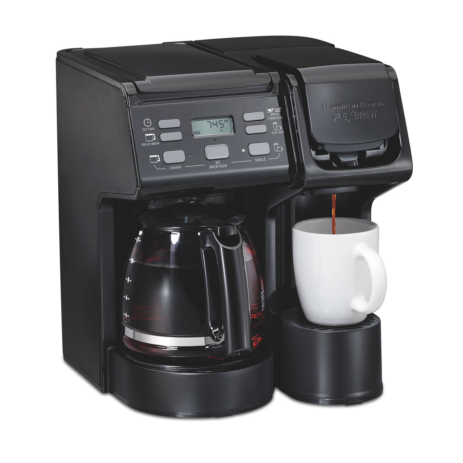 Hamilton Beach FlexBrew Trio coffee maker, exact 49904FG black configuration, showing its glass carafe and single-cup side