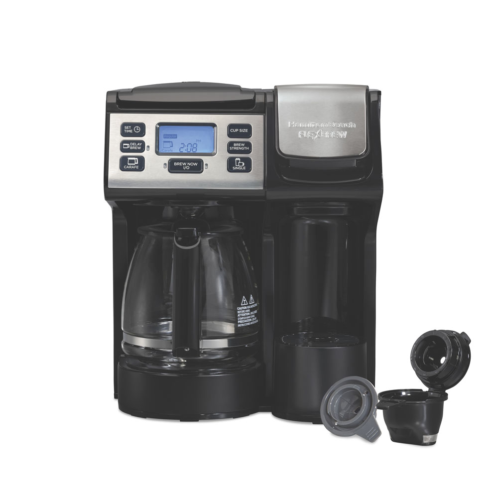 Hamilton Beach FlexBrew Trio 49914 coffee maker, black, with its glass carafe and single-serve station visible