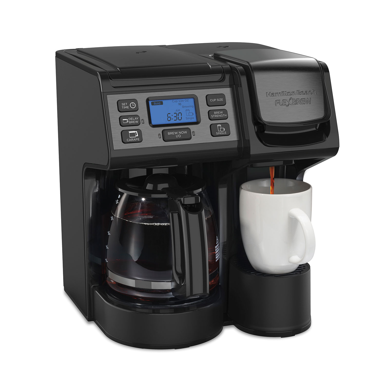 Hamilton Beach FlexBrew Trio 49916G in black stainless, with glass carafe and separate single-serve station visible