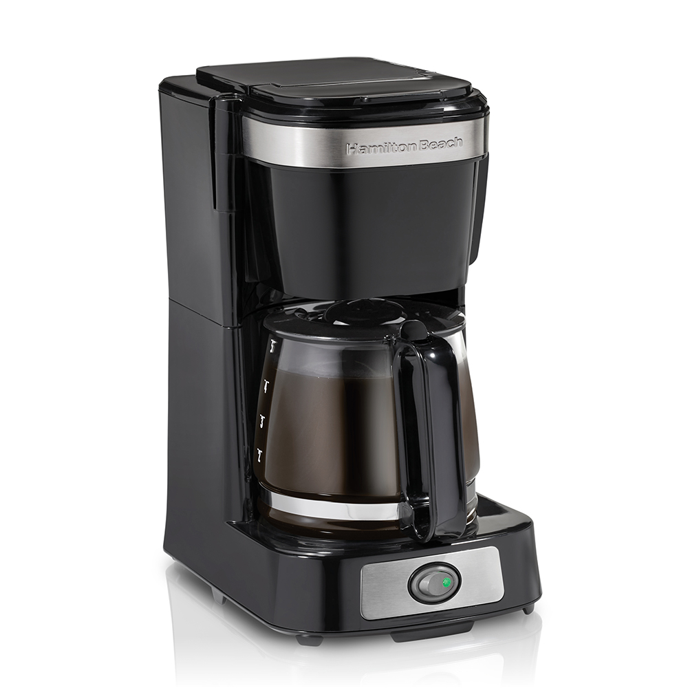 Hamilton Beach FrontFill Mini Brew exact model 46112 with black body, stainless trim, glass carafe and illuminated switch; manufacturer does not state photo/render status.
