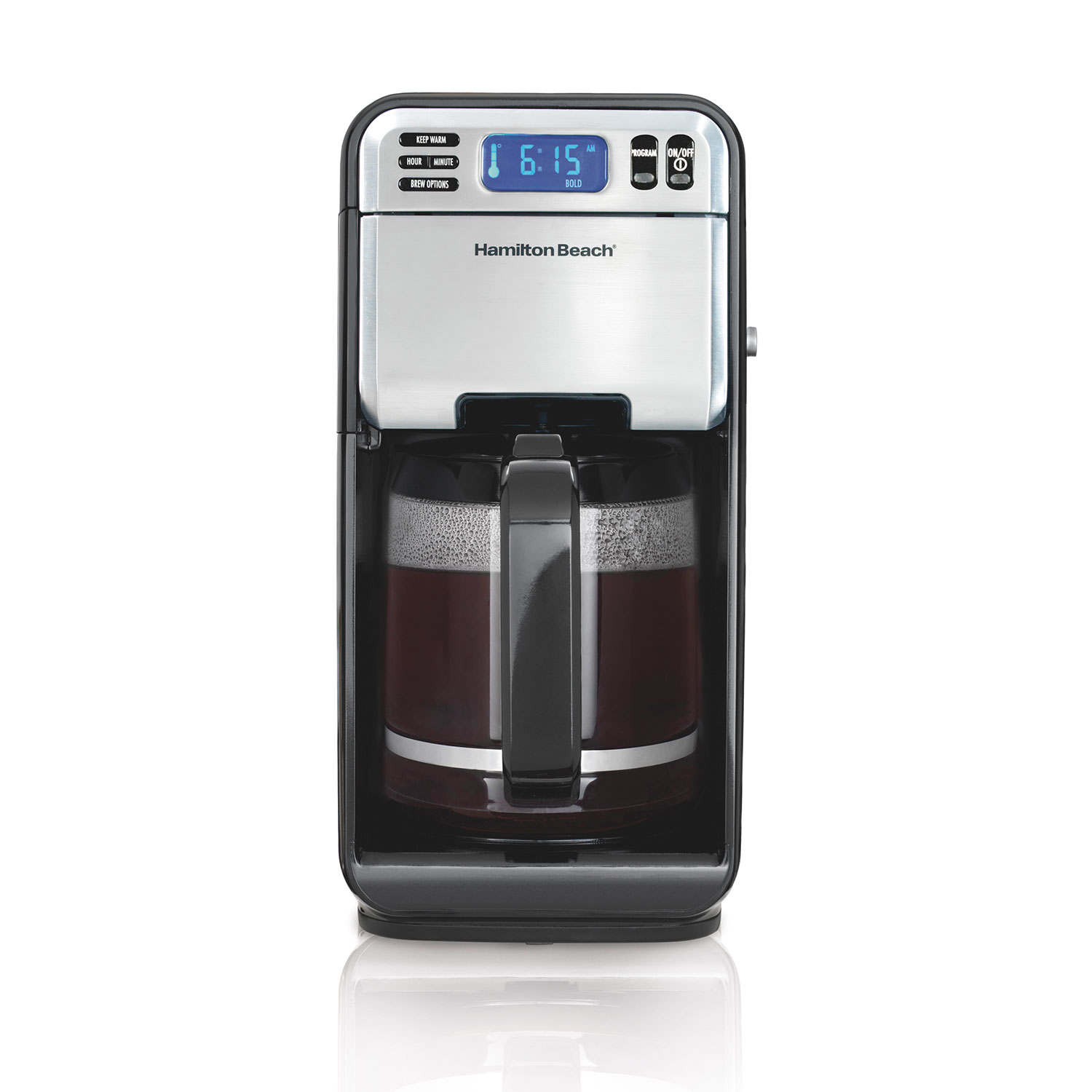 Hamilton Beach 46205 FrontFill 12 Cup Programmable Coffee Maker, black and stainless, with glass carafe; maker does not state photo or render status