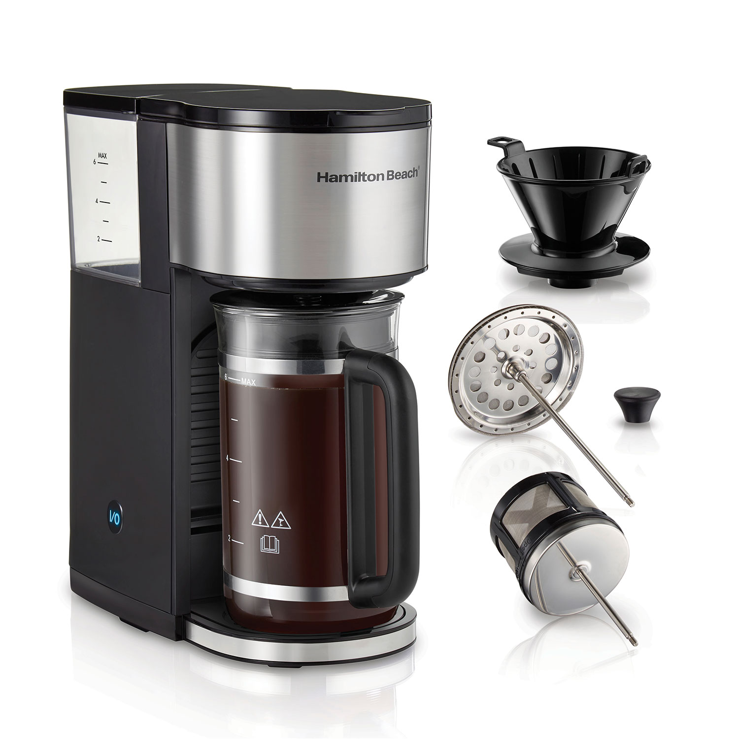 Hamilton Beach Home Barista 7-in-1 Coffee Maker model 46251 with glass carafe and brew/press attachments