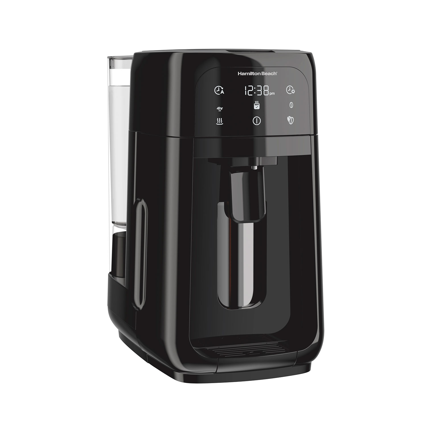 Hamilton Beach One Press dispensing coffee maker model 47600 with glass internal coffee reservoir, lever and removable water tank