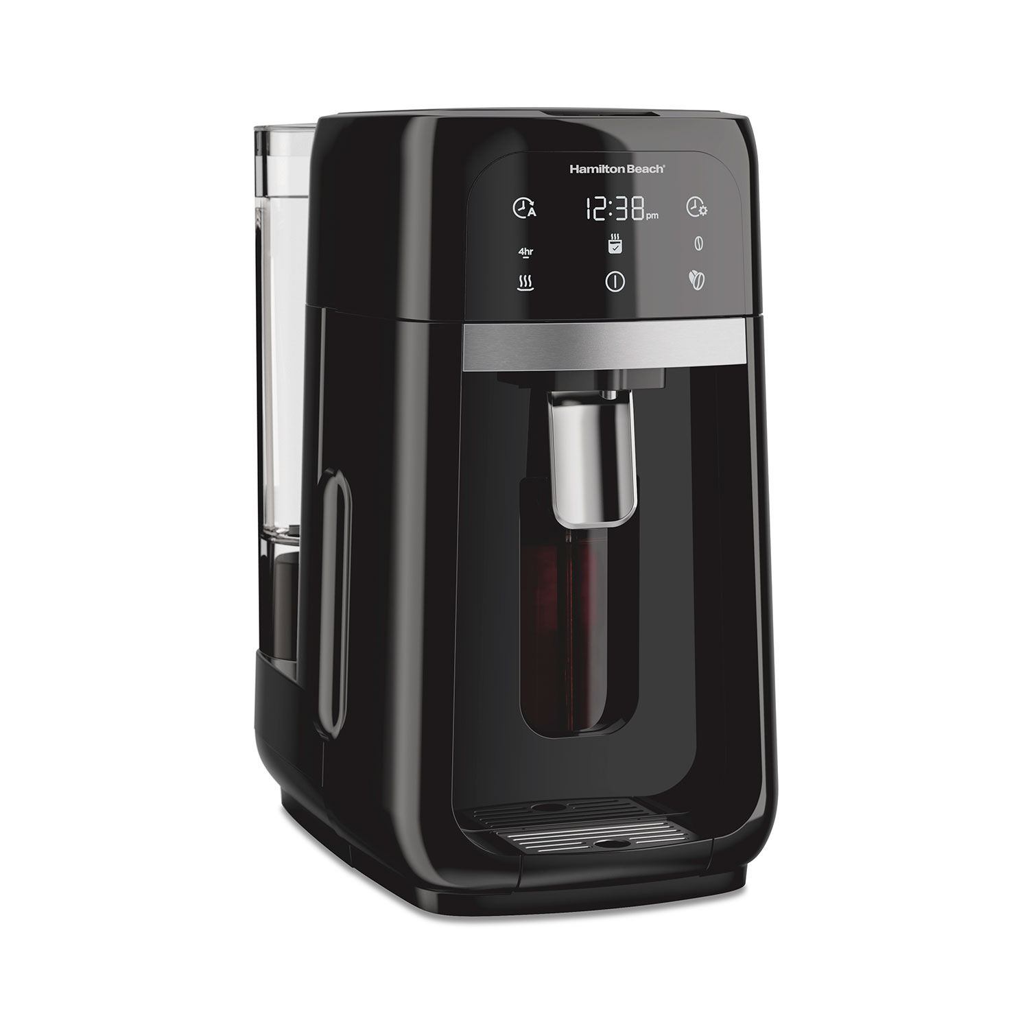 Hamilton Beach One Press dispensing coffee maker model 47601 with glass internal coffee reservoir, lever and removable water tank