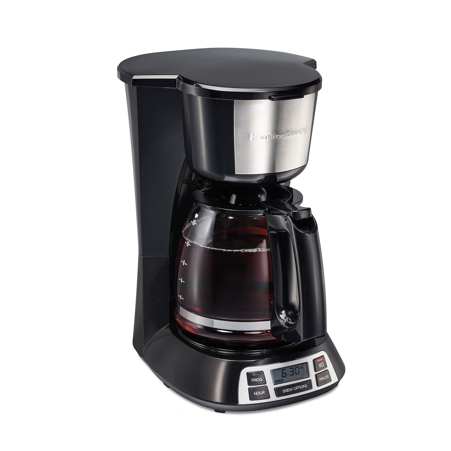 Hamilton Beach 49630J programmable drip coffee maker with stainless steel accents and glass carafe