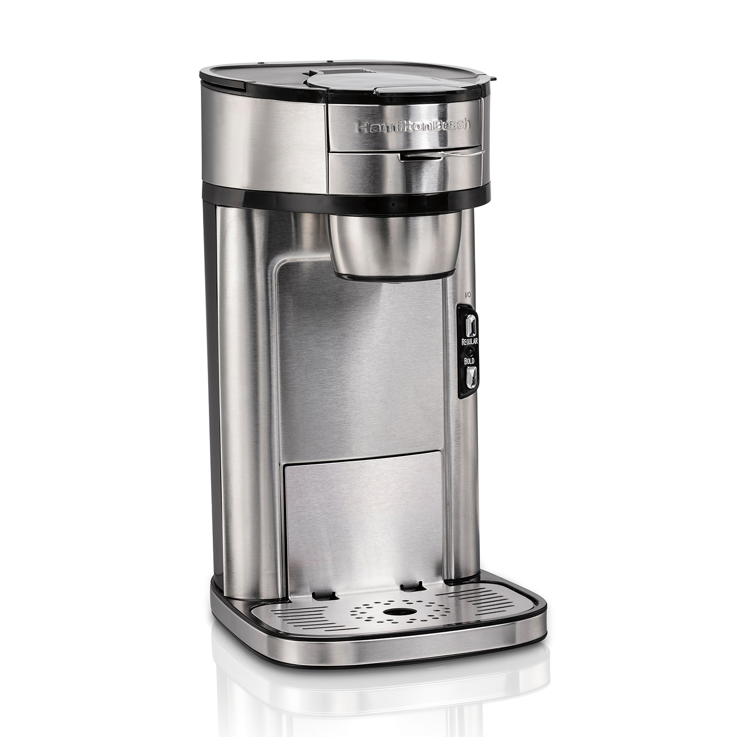 Hamilton Beach The Scoop coffee maker model 47550, visibly wider stainless and black single-cup body with cup-rest platform.