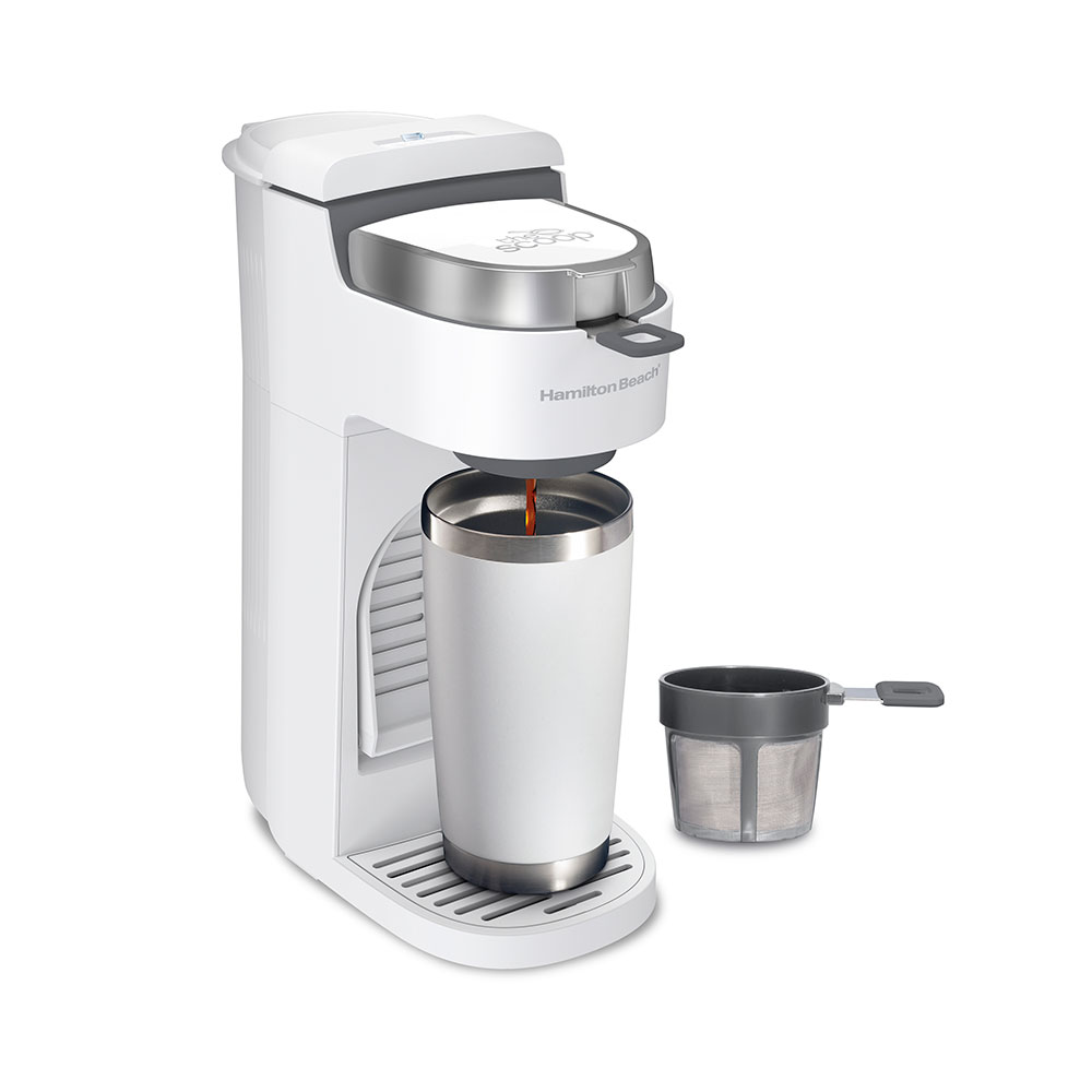 Hamilton Beach The Scoop 47621 single-serve brewer in white, with its included mesh grounds Scoop shown separately