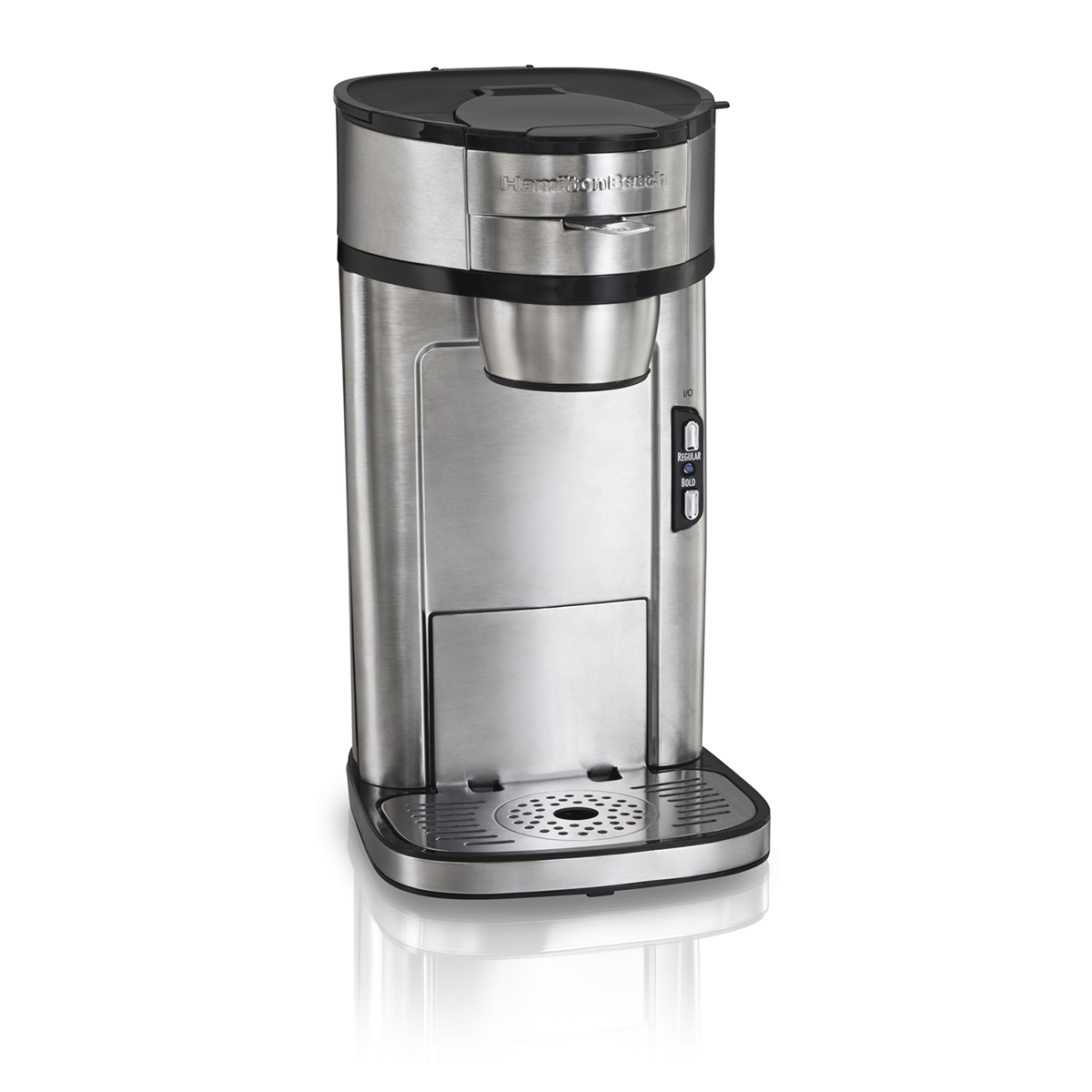 Hamilton Beach The Scoop single-serve coffee maker, exact model 49981, stainless and black body with reusable Scoop brew head.