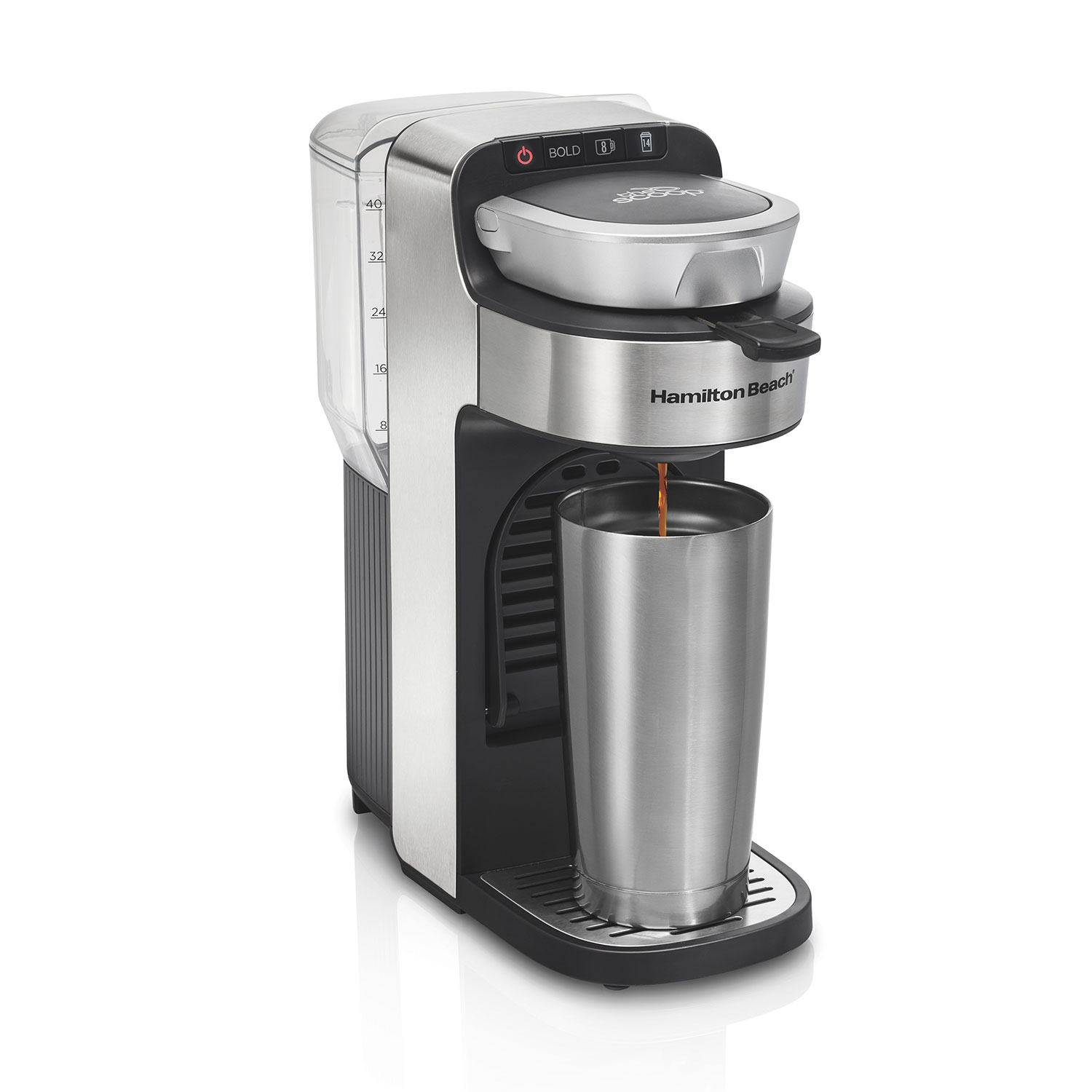 Hamilton Beach The Scoop single-serve brewer model 49987 with removable water reservoir and raised cup rest.