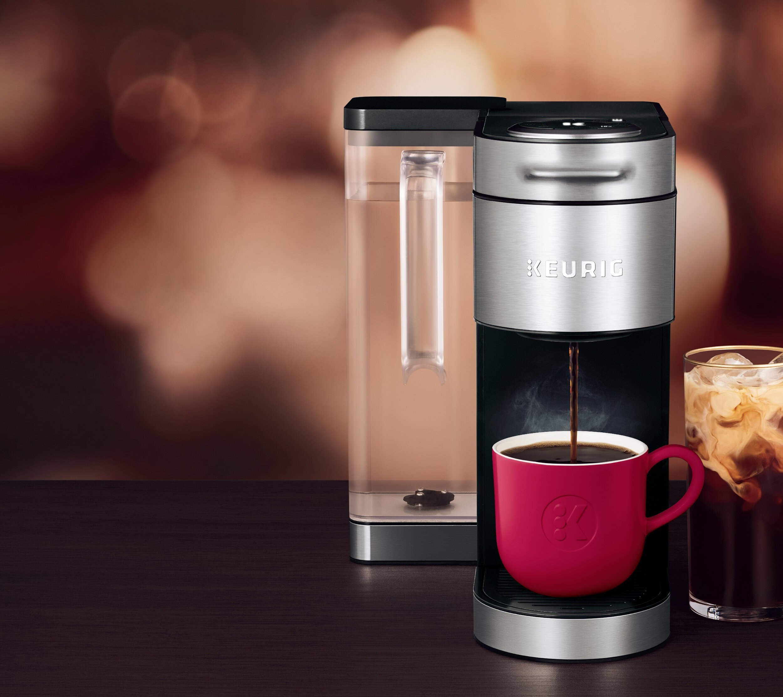 Keurig K-Supreme Plus single-serve brewer with brushed stainless front and side reservoir